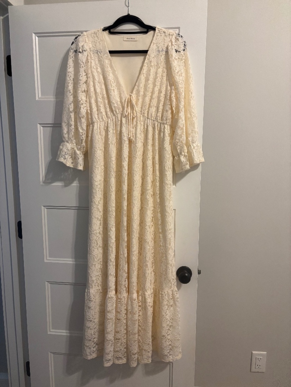 Pinkblush Ivory Floral Lace 3/4 Ruffle Sleeve V-Neck Maternity Maxi Dress